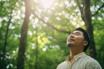 Happy young man breathing deep with a green forest in the background. AI Generative