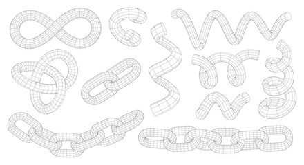 Vector Wireframe shapes. 3D technology grid. Spirals, Twisted Curves, Chains, Links, Trefoil Knot. Connection Structure, Infinity symbol. 3D mesh. Graphic design elements on a white background.