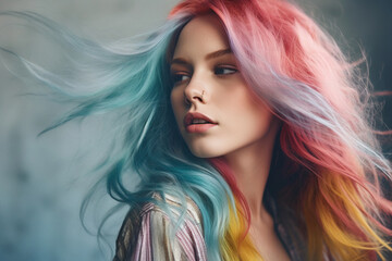 Fototapeta premium Portrait of woman with bright colored flying hair. Professional hair coloring. Generative ai image