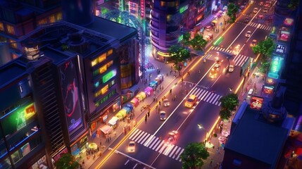Fototapeta na wymiar A high-angle view of a vibrant city street colorful lights, Generative AI.