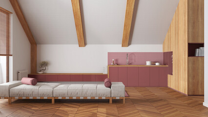 Obraz na płótnie Canvas Minimal wooden kitchen and living room with sloping ceiling in white and red tones. Fabric sofa and cabinets. Japandi scandinavian style, attic interior design