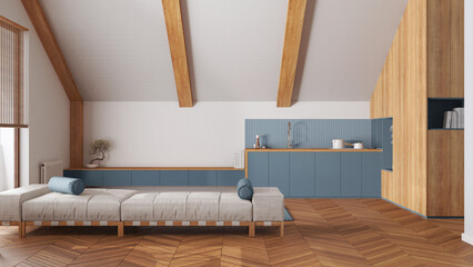 Obraz na płótnie Canvas Minimal wooden kitchen and living room with sloping ceiling in white and blue tones. Fabric sofa and cabinets. Japandi scandinavian style, attic interior design