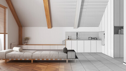 Architect interior designer concept: hand-drawn draft unfinished project that becomes real, minimal wooden kitchen and living room with sloping ceiling. Japandi scandinavian style