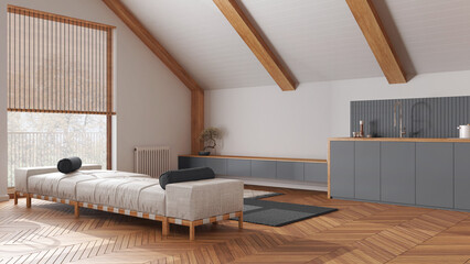 Japandi wooden living room and kitchen with sloping ceiling and parquet in white and gray tones. Fabric sofa and cabinets. Japandi scandinavian style, attic interior design