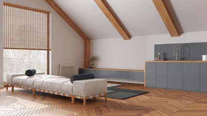 Fotobehang Scandinavisch Japandi wooden living room and kitchen with sloping ceiling and parquet in white and gray tones. Fabric sofa and cabinets. Japandi scandinavian style, attic interior design  © ArchiVIZ