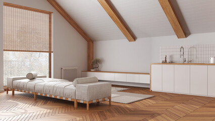 Japandi wooden living room and kitchen with sloping ceiling and parquet in white tones. Fabric sofa and cabinets. Japandi scandinavian style, attic interior design