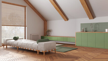 Fototapeta na wymiar Japandi wooden living room and kitchen with sloping ceiling and parquet in white and green tones. Fabric sofa and cabinets. Japandi scandinavian style, attic interior design