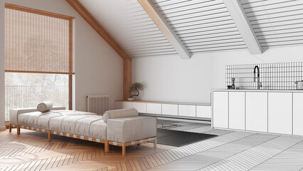 Architect interior designer concept: hand-drawn draft unfinished project that becomes real, japandi wooden living room and kitchen with sloping ceiling. Japandi scandinavian style