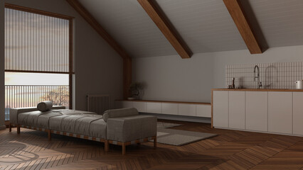 Dark late evening scene, japandi wooden living room and kitchen with sloping ceiling and parquet. Fabric sofa and cabinets. Japandi scandinavian style, attic interior design