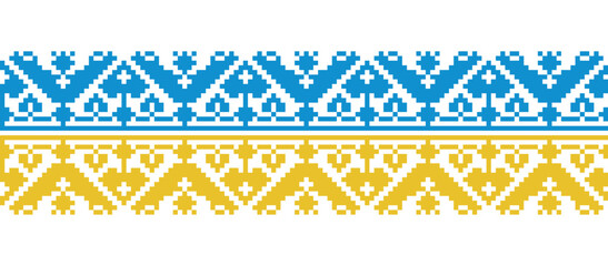 Ukrainian flag pattern. Vector ornament, decorative border, background. Ukrainian flag decoration in yellow and blue colors. Pixel art, vyshyvanka, cross stitch