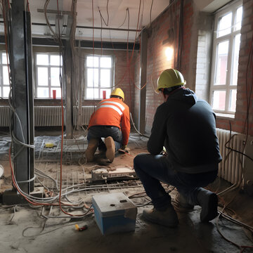 workers at construction site in building
