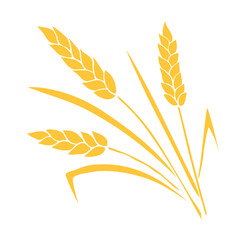 Vector golden spikelet of wheat isolated on white background. Hand drawn color clipart in flat style. Theme of bakery products, flour, harvest, thanksgiving - obrazy, fototapety, plakaty