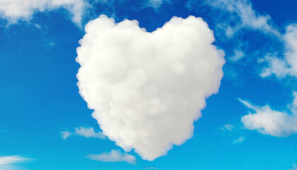 Heart shape fluffy cloud on blue sky background. Valentine or Mother day template. Space. 3d render