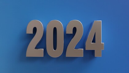 2024 Happy Creative New Year grey number digit on blue background. Greeting card template. 3d render