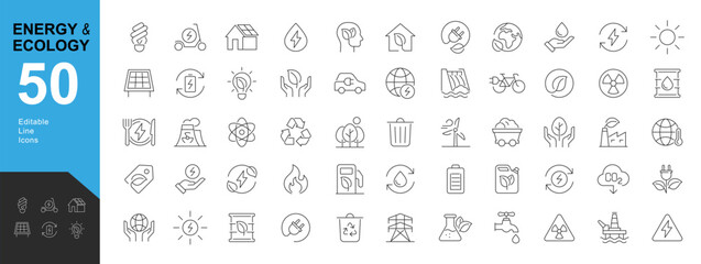 Energy and Ecology Line Editable Icons set. Vector illustration in modern thin line style of  eco related  icons: protection, planet care, natural recycling power. Pictograms and infographics - obrazy, fototapety, plakaty