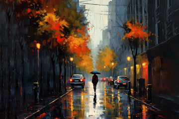 Autumn season with rain. Person walking with umbrella at the urban street , ai generative