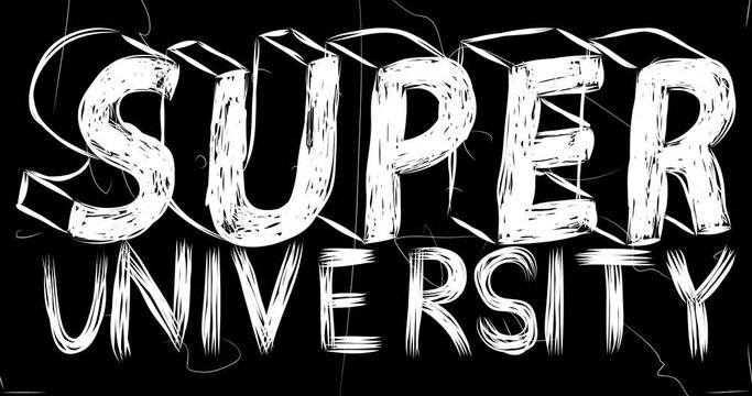 Super University word animation of old chaotic film strip with grunge effect. Busy destroyed TV, video surface, vintage screen white scratches, cuts, dust and smudges.