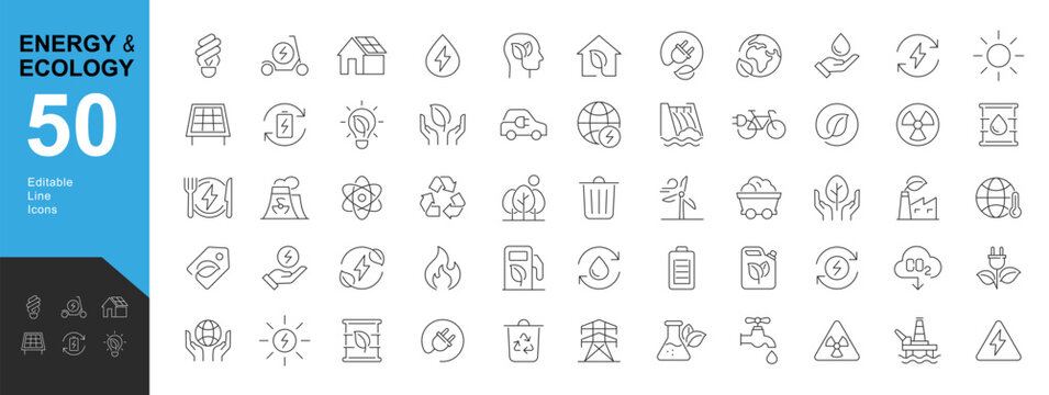 Energy and Ecology Line Editable Icons set. Vector illustration in modern thin line style of  eco related  icons: protection, planet care, natural recycling power. Pictograms and infographics