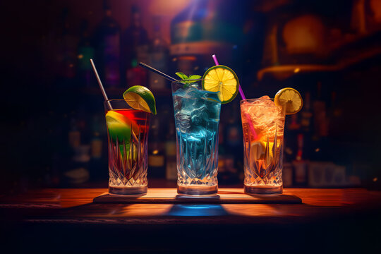Different cocktails or longdrinks garnished with fruits on the bar table in the nightclub
