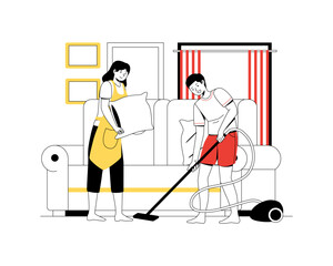 Wife and husband doing household chores. Vector illustration of cleaning
