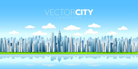 Illustration of a modern metropolis by the water, skyscrapers, blue sky and clean clouds. vector illustration