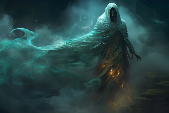 floating wraith ghost in dark spooky fog for halloween, made with generative ai