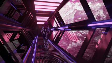 An alien in a neon shiny suit is walking through the tunnel in a spaceship. View from the window on the planet. Neon