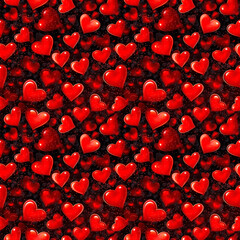 Seamless red hearts pattern on black background. Ai generative.