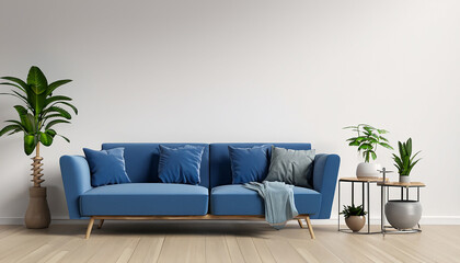 Fototapeta na wymiar Photo empty living room with blue sofa, plants and table on empty white wall background, 3d rendering