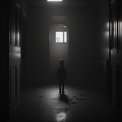 child in a dark grey and black room