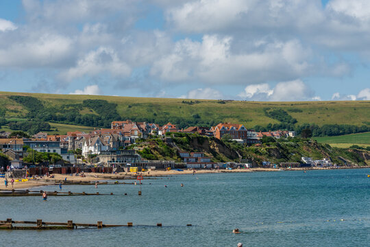 Houses in the countryside overlooking the beach in Swanage Bay, - Swanage, UK