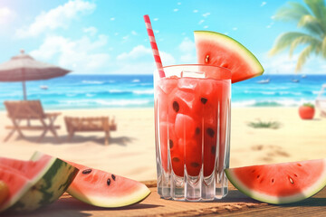 Obraz premium Glase of summer watermelon cocktail on the beach background at sunny day,AI generated 