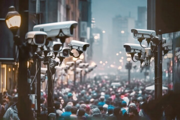 Security cameras poised above crowds of people on a busy city street collecting data