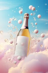 On a summer night, a bottle of champagne captures the pastel hues of the sky as it flows in celebration, creating a vibrant and festive atmosphere