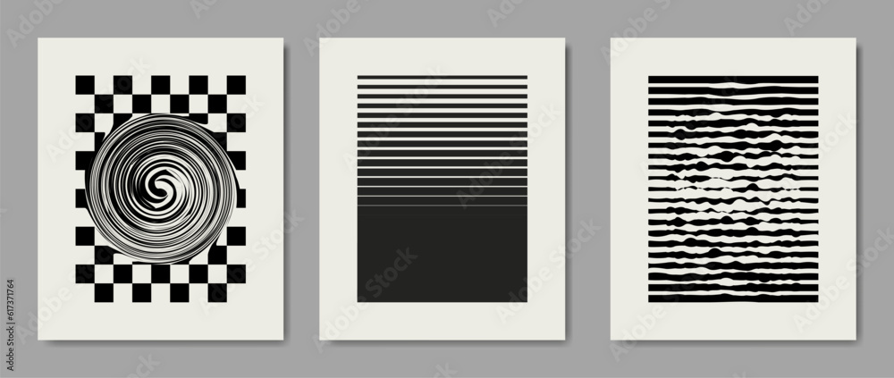 Wall mural Set of abstract texture checkered and striped posters. Vector illustration. Minimalist monochrome pattern background.