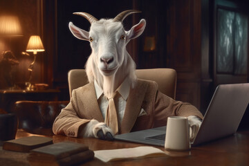 White goat wearing business suit sits at its desk in office with laptop
