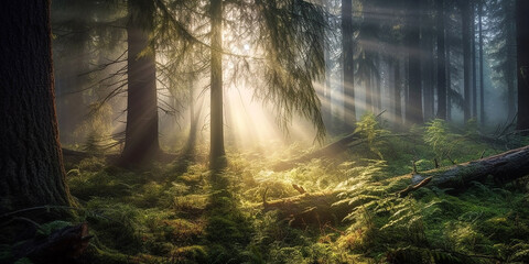 Obraz premium Sunbeams and light morning mist in summer dense deciduous forest. Generative AI