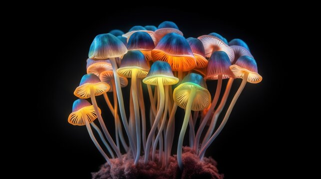 Magical neon mysterious mushrooms. Growing microorganisms. Generative AI illustration. Fancy design for banner, poster, postcard, cover, brochure or presentation.