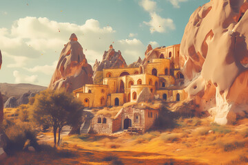 retro postcard from cappadocia ai generated art - obrazy, fototapety, plakaty