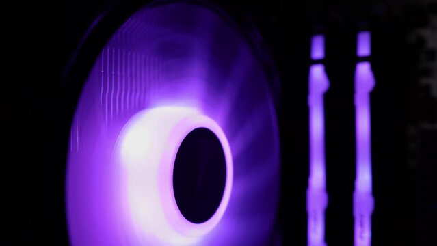 Dnieper. Ukraine 11.05.2023: Computer fan. DDR4. Modern case cooling system. Installation of HTPC, Hackintosh PC and Gaming PC with liquid cooling system and full ARGB lighting inside