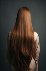 Fototapeta premium Rear view of a woman with beautiful shiny straight keratin Brown hair on a dark background .Generative AI. 