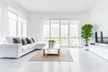 Bright modern living room illuminated by natural light, with comfortable sofa, coffee table, TV, and potted plants. Interior concept