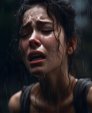 Fashion Concept. Closeup portrait of stunning beautiful woman girl drenched in rain, shock distress sad cry emotional. illuminated with light. sensual, mysterious, advertisement, magazine