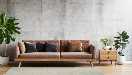 Fototapeta premium Brown sofa and a wooden table in living room interior with plant,concrete wall