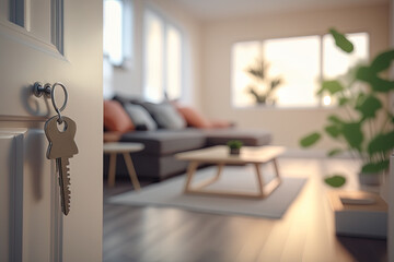 Keys and open door to Scandinavian style room in new apartment with big windows. Mortgage, investment, rent, real estate, property concept. Generative AI