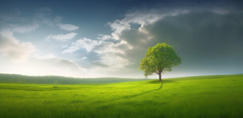Fototapeta na wymiar A single tree in the midst of lush grassland, landscape panorama