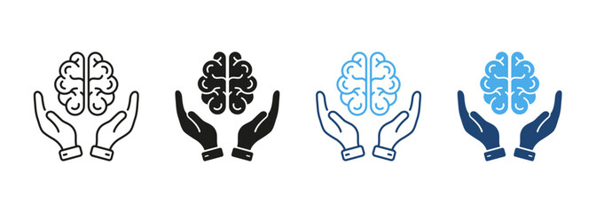 Neurology, Psychology Line and Silhouette Color Icon Set. Human Brain with Hands Pictogram. Education, Logic Analysis, Memory, Mind Symbol Collection on White Background. Isolated Vector Illustration