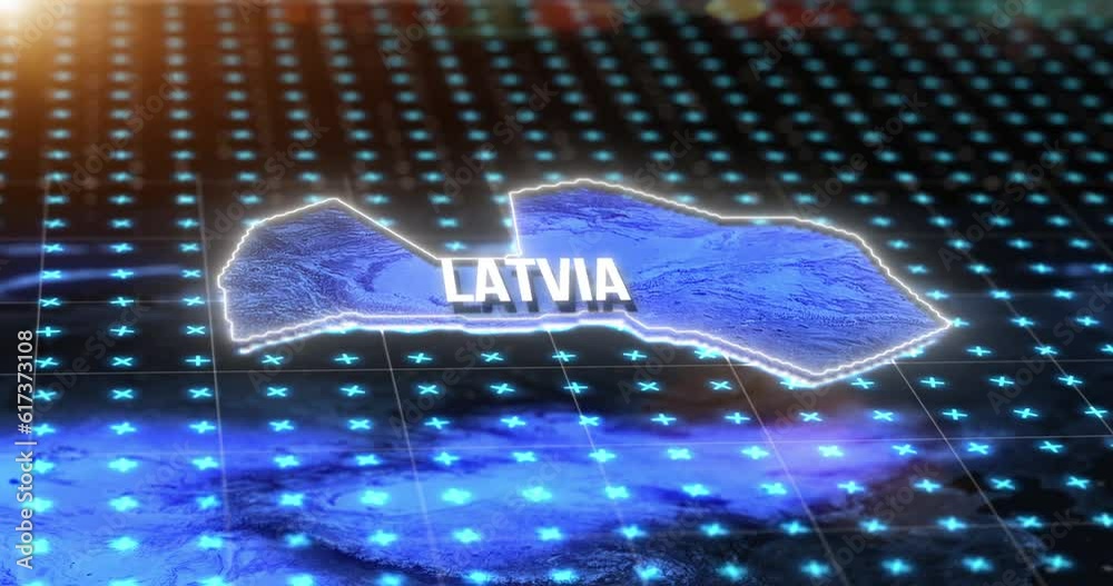 Poster Digital map, country location and hologram of Latvia with blue light, gps pin and 3d rendering. Technology, data and matrix of global position on radar, virtual reality or simulation of coordinate.
