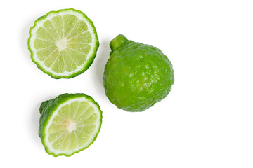 Fresh bergamot fruit with cut in half  and leaf on white background.