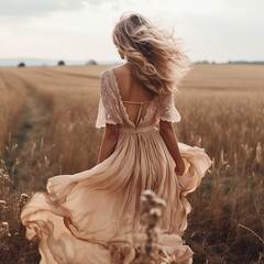 woman in a field wearing a blush boho lace and chiffon dress blowing in the wind in a creamy beige open field outdoors © Midnight Stock